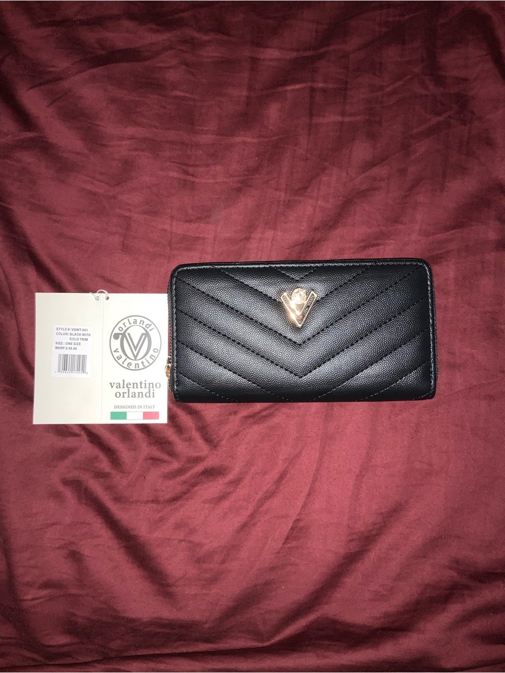 Valentino Orlandi Black Quilted Wallet with Gold Logo